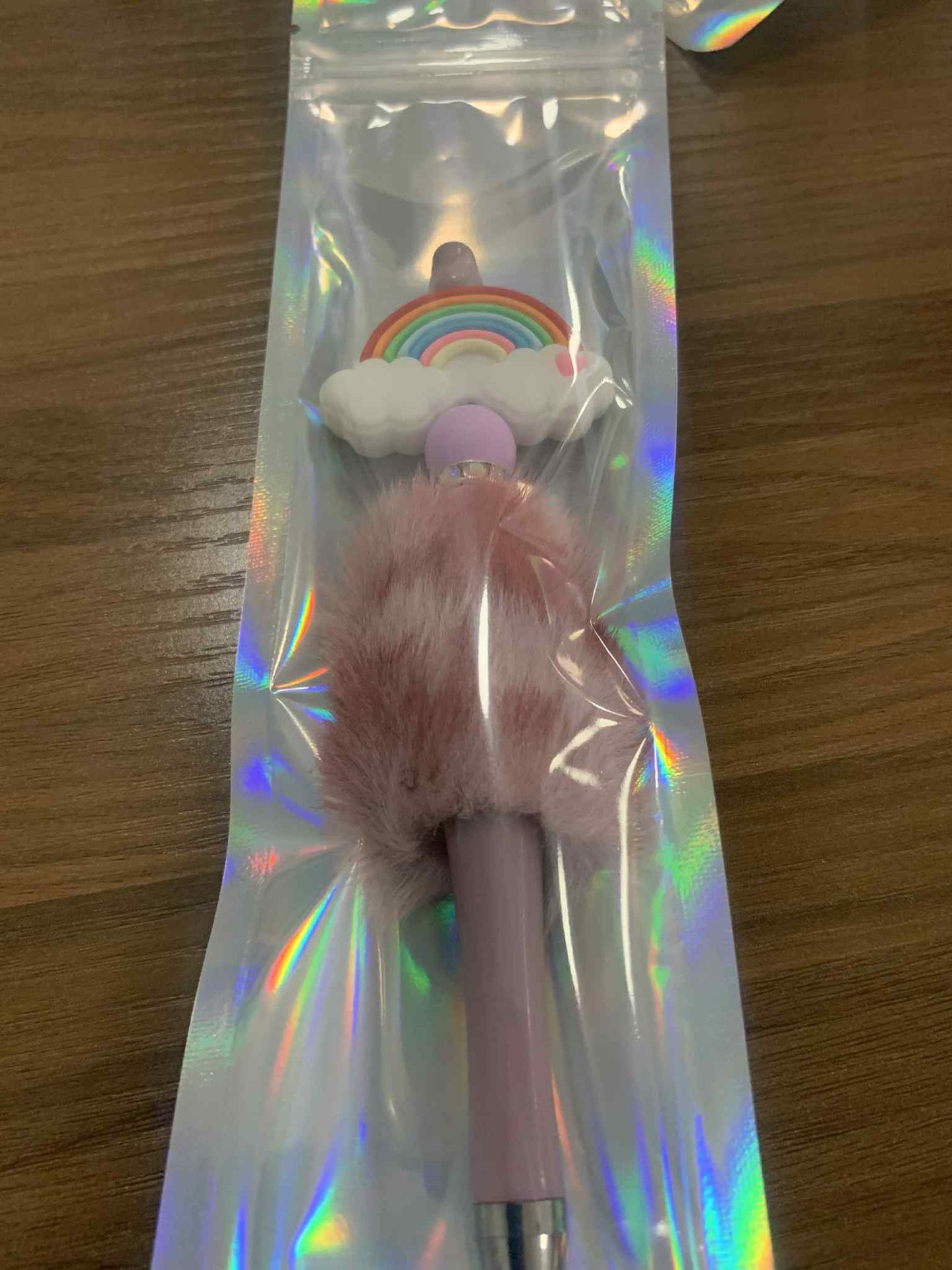 Pink fuzzy rainbow pen